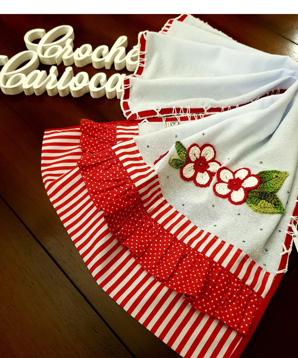 Pano de Prato Vermelho Floral e listras Alto Padrão e durabilida