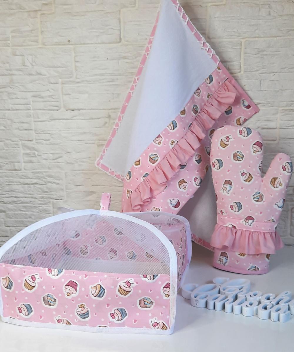 Kit Cozinha Rosa Cupcake 3 Peças Alto padrão e durabilidade