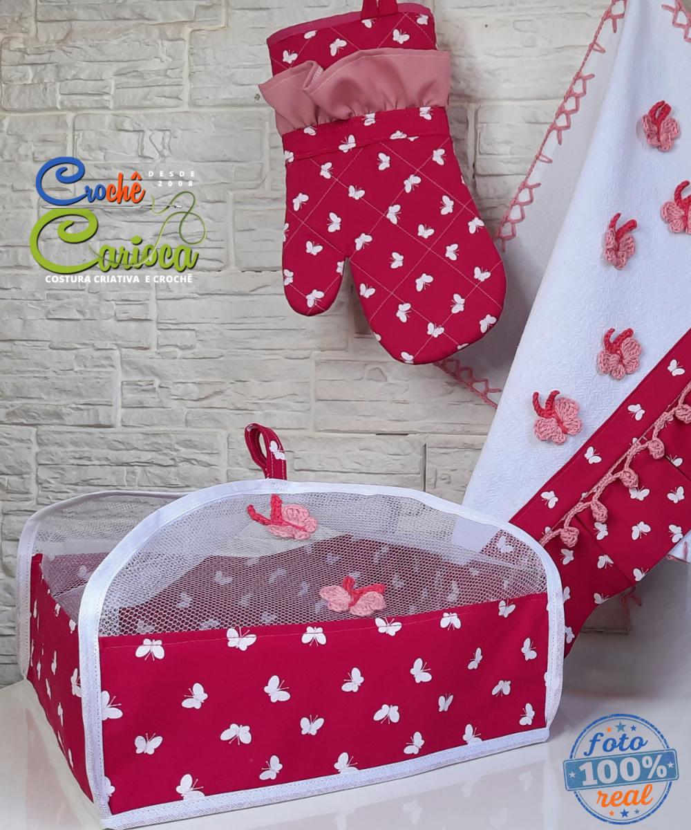 Kit de Cozinha Rosa Pink Borboletas 3 Peças Amor de Mãe
