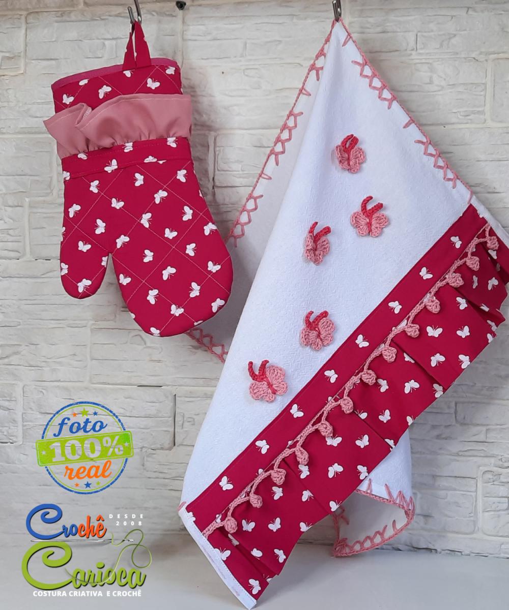 Kit de Cozinha Rosa Pink Borboletas 3 Peças Amor de Mãe