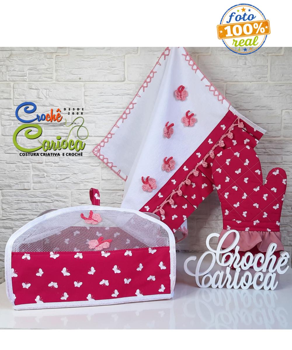 Kit de Cozinha Rosa Pink Borboletas 3 Peças Amor de Mãe