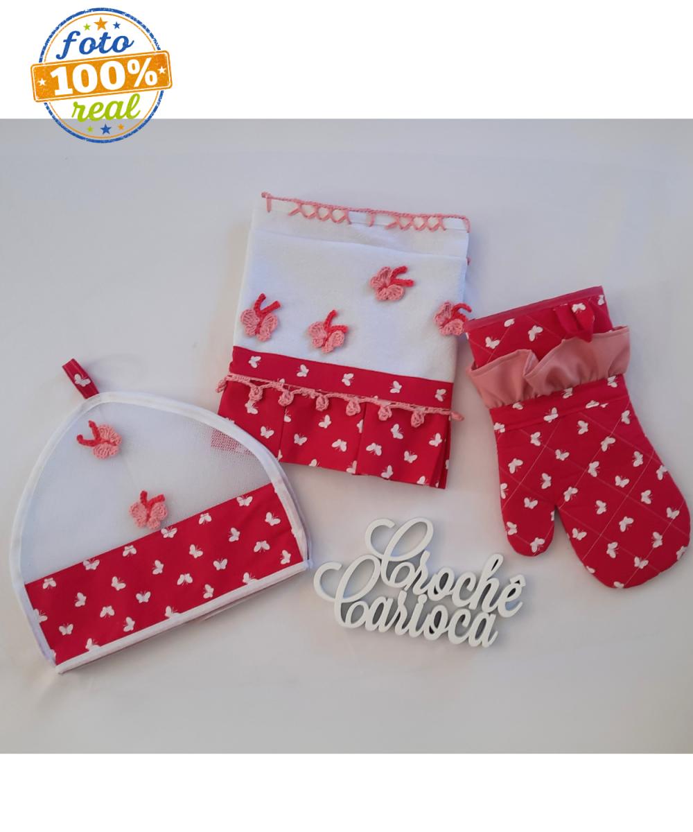 Kit de Cozinha Rosa Pink Borboletas 3 Peças Amor de Mãe