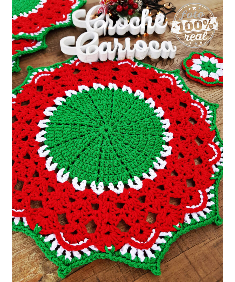 Kit Mesa Posta Sousplat e Porta-copo Natal Crochê