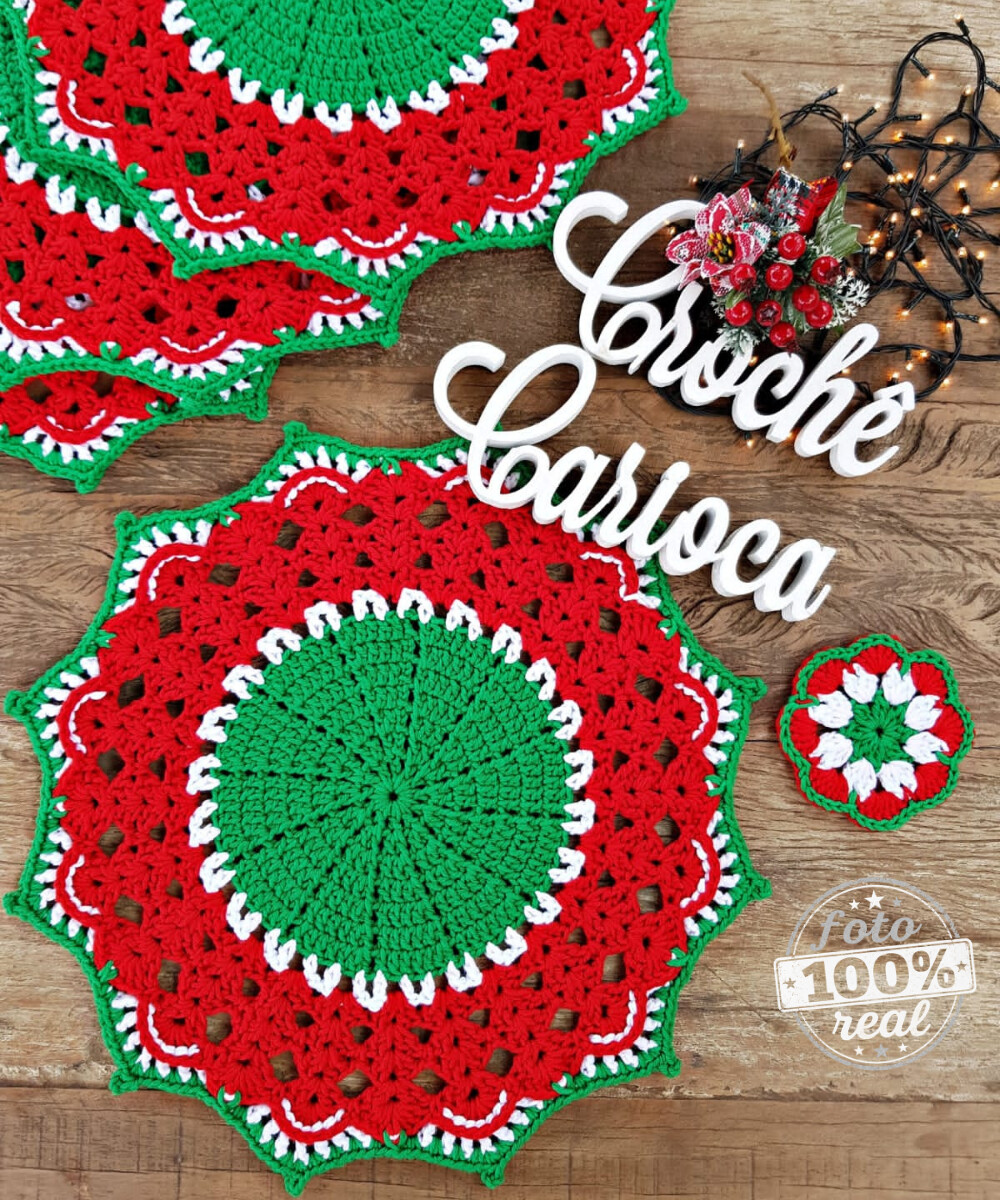 Kit Mesa Posta Sousplat e Porta-copo Natal Crochê