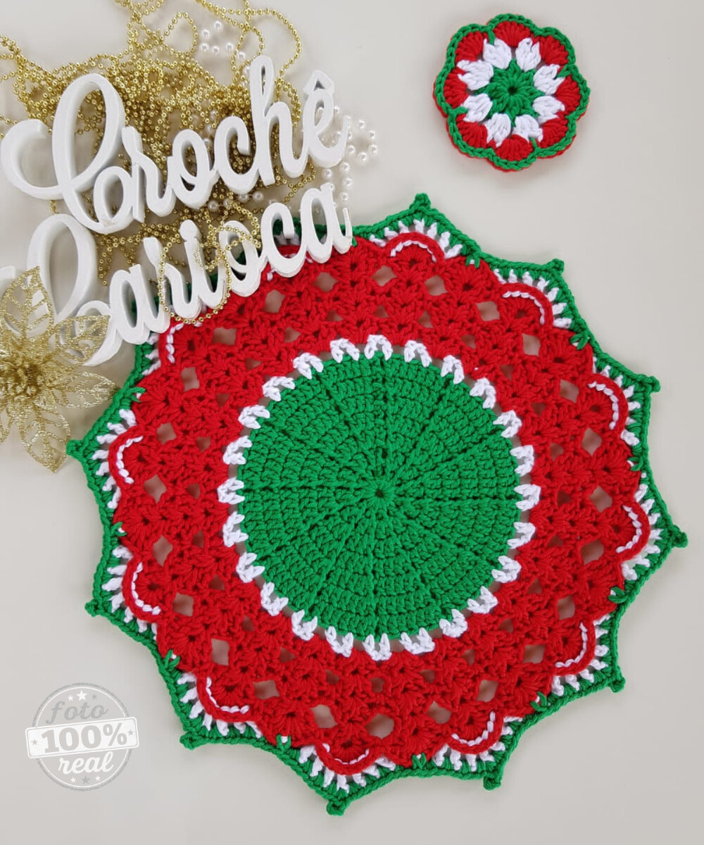Kit Mesa Posta Sousplat e Porta-copo Natal Crochê