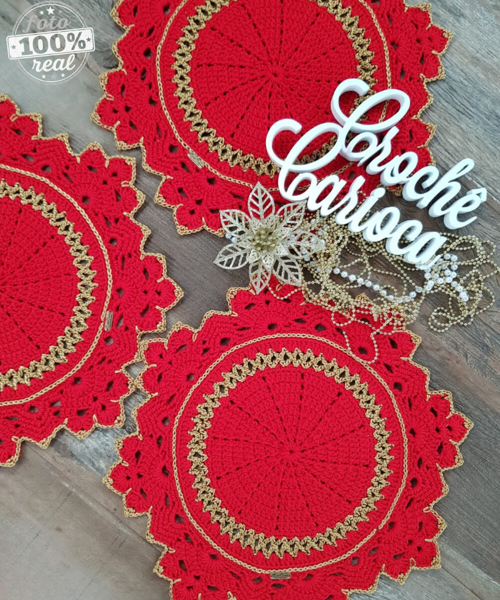 Jogo de Sousplat Vermelho e  Dourado 4 Peças Alto Padrão