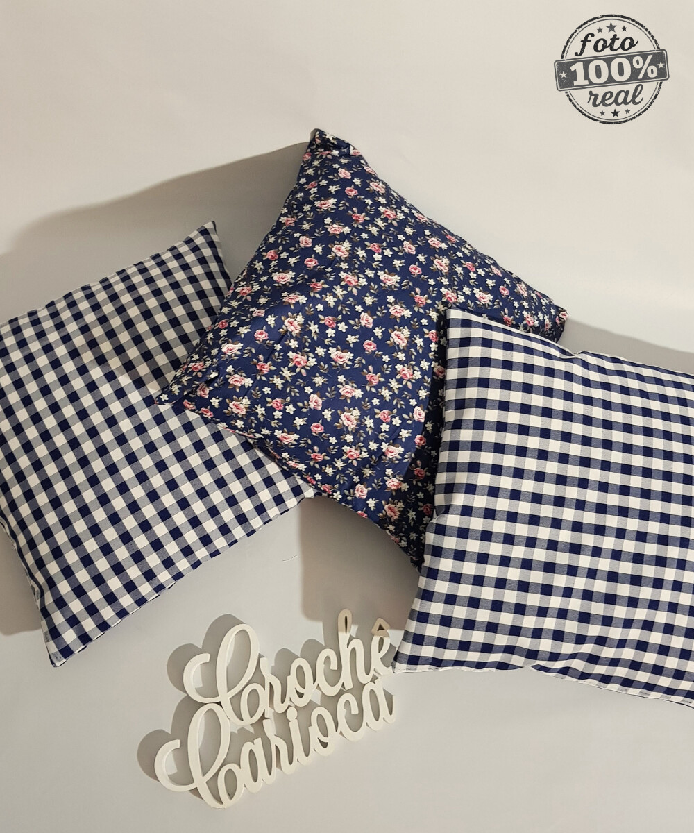 Capas de Almofadas 100% algodão xadrez e floral composê azul ma