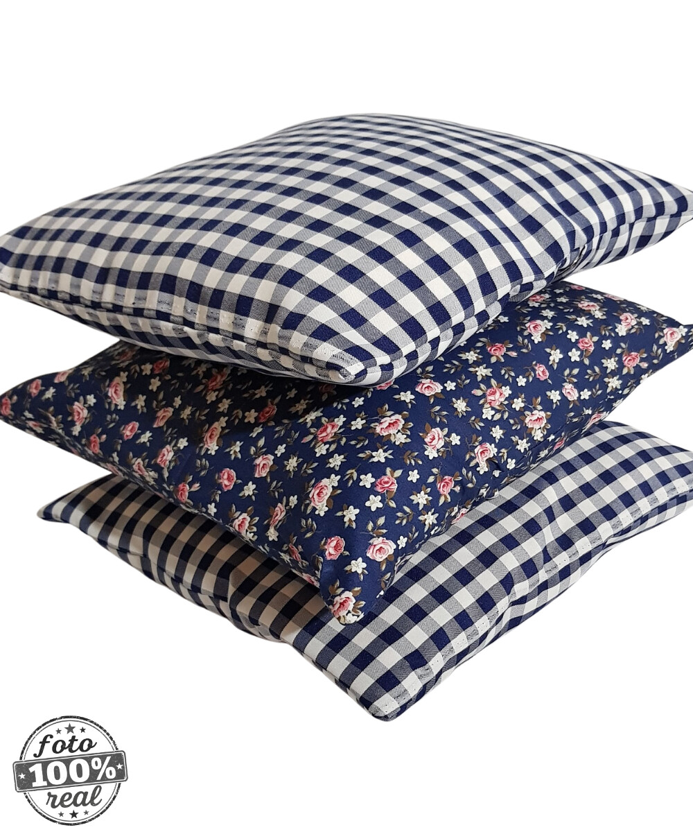 Capas de Almofadas 100% algodão xadrez e floral composê azul ma