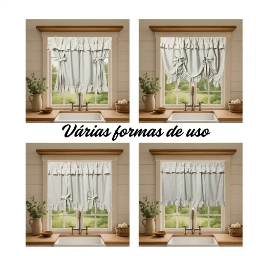 Cortina romana babados estilo farm house country linho tinto sob