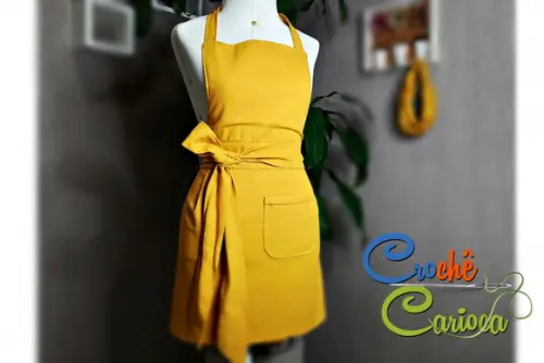 Avental Linho Misto Elegante Forrado Bolso Faixa Grande