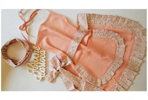 Avental Vintage Criativo Rose Salmão Florais com Tiara