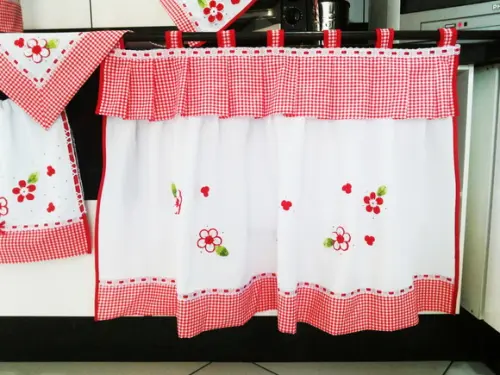 Conjuntinho de Cozinha Vermelho Xadrez e Flores Escolha Cor