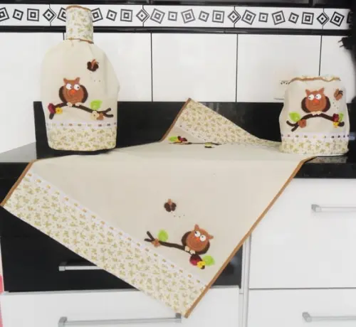 Conjunto de Cozinha Corujas em Algodão Cru 3 Peças
