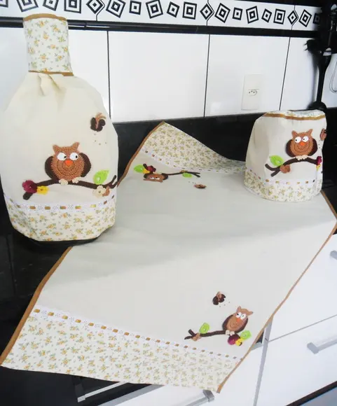 Conjunto de Cozinha Corujas em Algodão Cru 3 Peças
