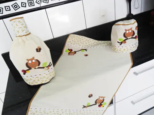 Conjunto de Cozinha Corujas em Algodão Cru 3 Peças
