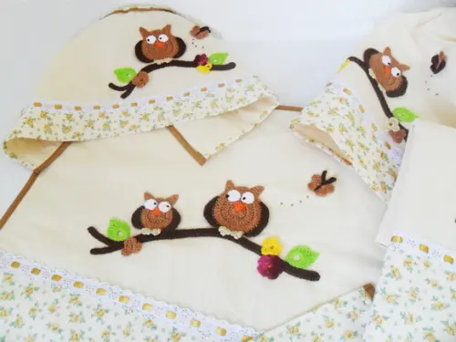 Conjunto de Cozinha Corujas em Algodão Cru 3 Peças