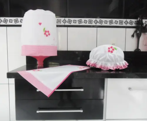 Conjunto de Cozinha Xadrez Rosa 3 Peças