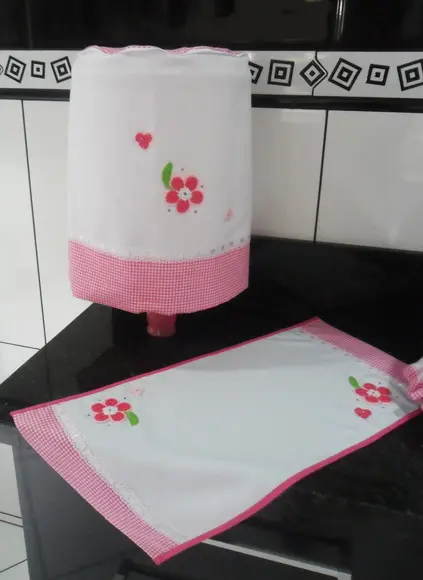 Conjunto de Cozinha Xadrez Rosa 3 Peças