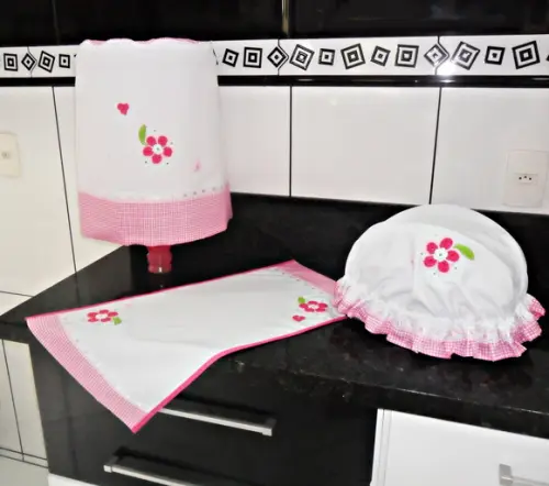 Conjunto de Cozinha Xadrez Rosa 3 Peças