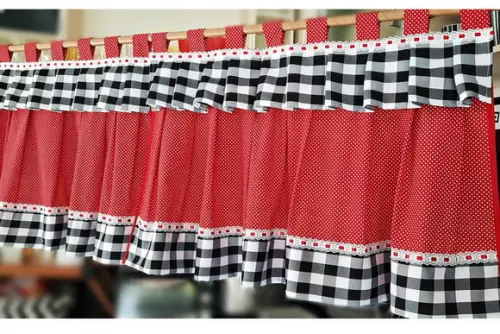 Cortina Bandô Vintage Cozinha Vermelho Poás Algodão e Xadrez