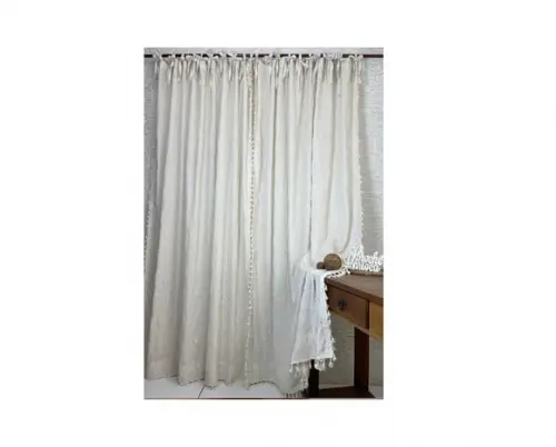 Cortina Boho Chic Rustica Natural Bordada Amarrar Sob Medida