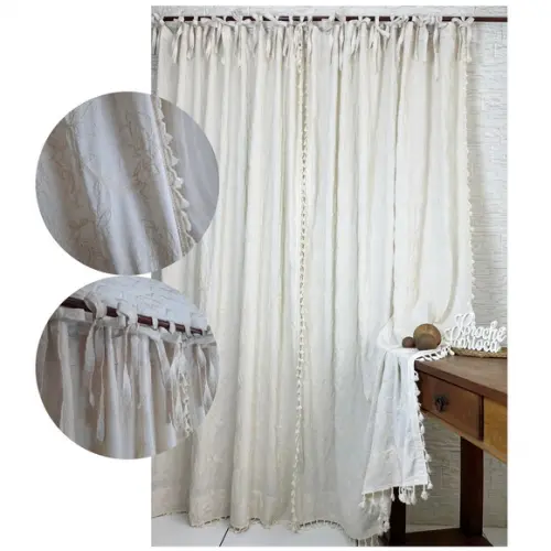 Cortina Boho Chic Rustica Natural Bordada Amarrar Sob Medida