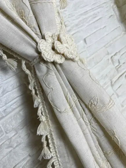 Cortina Boho Chic Rustica Natural Bordada Amarrar Sob Medida