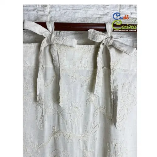 Cortina Boho Chic Rustica Natural Bordada Amarrar Sob Medida