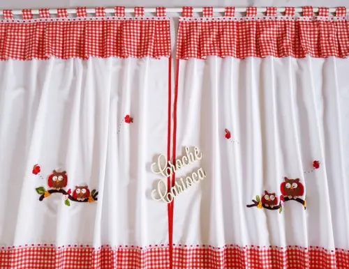 Cortina de Cozinha Corujinhas Xadrez Vermelho Sob Medida