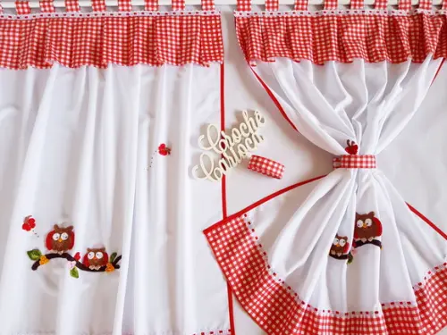 Cortina de Cozinha Corujinhas Xadrez Vermelho Sob Medida