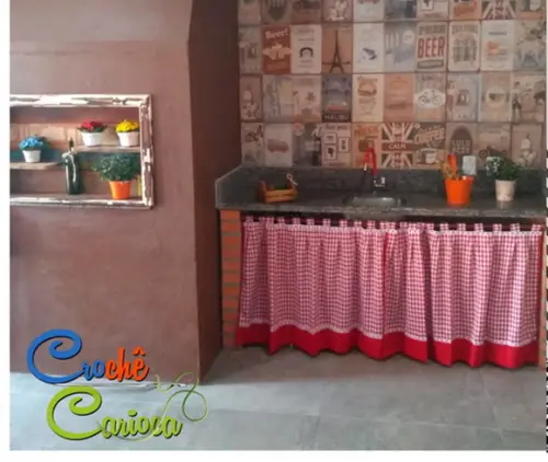 Cortina de Pia Xadrez Vermelho Sob Medida Farm House 150x70