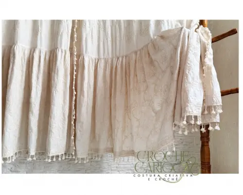 Cortina Farmhouse Chic Rústica Tassel Cru Alças Sob Medida