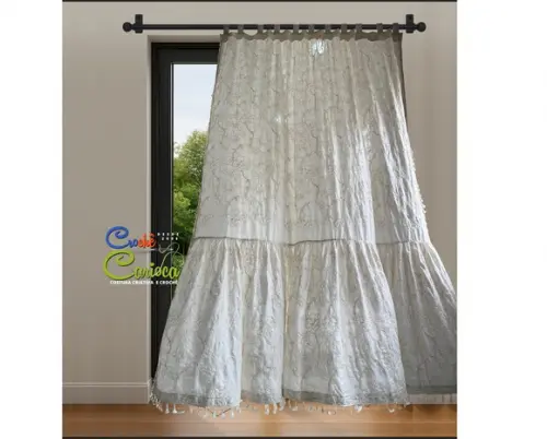 Cortina Farmhouse Chic Rústica Tassel Cru Alças Sob Medida