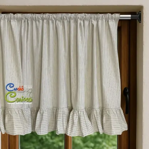 Cortina Linho Tinto Risca Giz Babados 140x70 ou Sob Medida