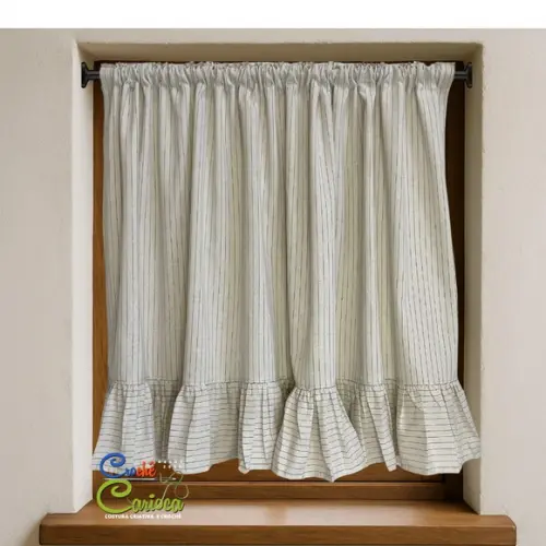 Cortina Linho Tinto Risca Giz Babados 140x70 ou Sob Medida