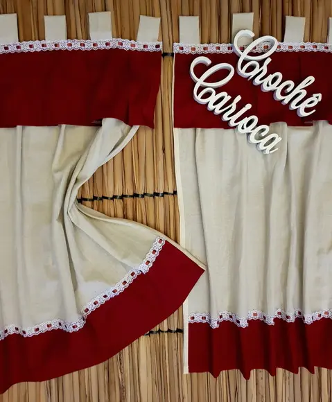 Cortina para Janela em Linho Misto Cru e Grená Sob Medida