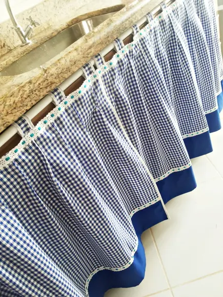 Cortina Pia Bancada Xadrez Azul Fazenda Sítio Praiana