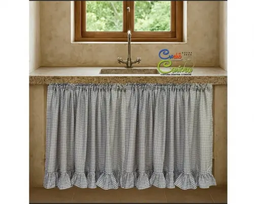 Cortina Pia Cozinha Xadrez Bege Farmhouse Sob Medida