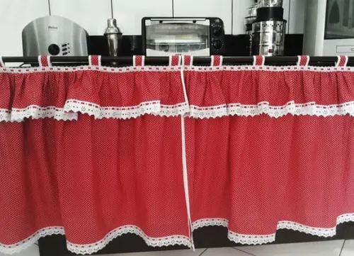 Cortina Pia Janela Cozinha Vermelho Poás Vintage Sob Medida