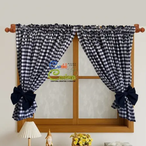 Cortina Xadrez Azul Farmhouse 100% Algodão Sob Medida