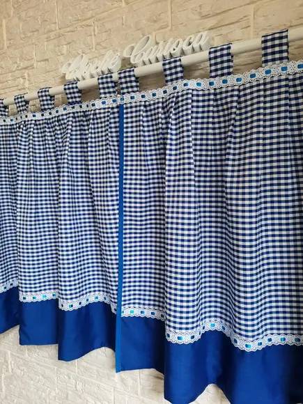 Cortina Xadrez Azul Cozinha Sob Medidas Pia Janela Bancada