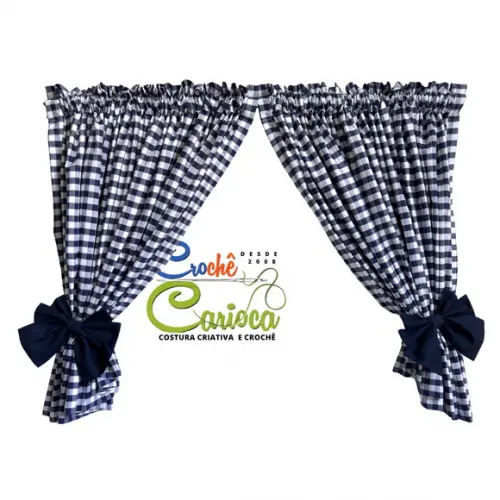 Cortina Xadrez Azul Farmhouse 100% Algodão Sob Medida