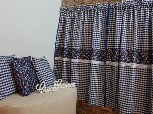 Cortina Xadrez Marinho e Floral ou Escolha Cores Sob Medida