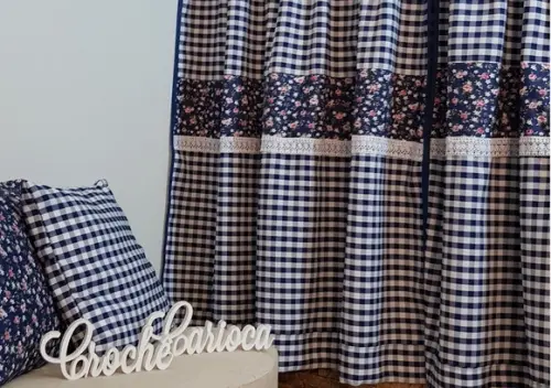 Cortina Xadrez Marinho e Floral ou Escolha Cores Sob Medida