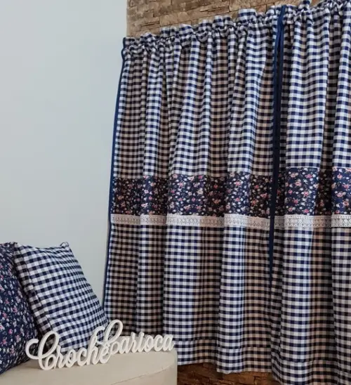 Cortina Xadrez Marinho e Floral ou Escolha Cores Sob Medida