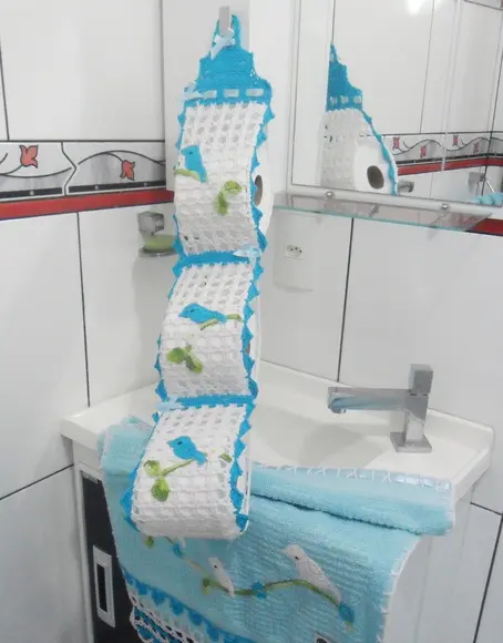 Jogo de Banheiro Completo Azul Passarinhos Toalhas e Tapetes