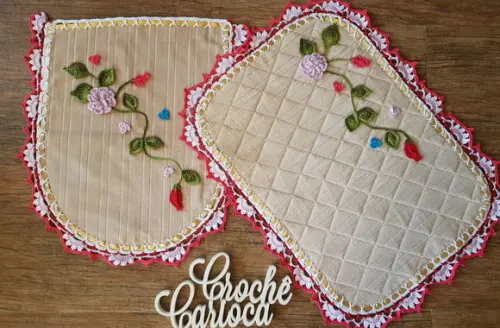 Jogo de banheiro florais em bege / estruturado em quilt