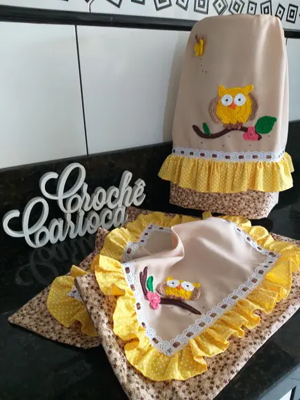 Jogo de Cozinha Amarelo Corujinhas 3 Peças