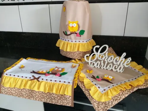 Jogo de Cozinha Amarelo Corujinhas 3 Peças