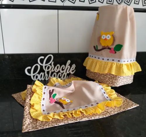 Jogo de Cozinha Amarelo Corujinhas 3 Peças